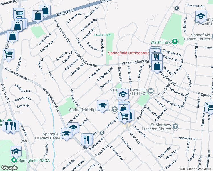 map of restaurants, bars, coffee shops, grocery stores, and more near 167 Reese Road in Springfield