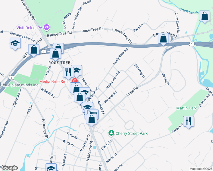 map of restaurants, bars, coffee shops, grocery stores, and more near 228 Valley View Road in Media