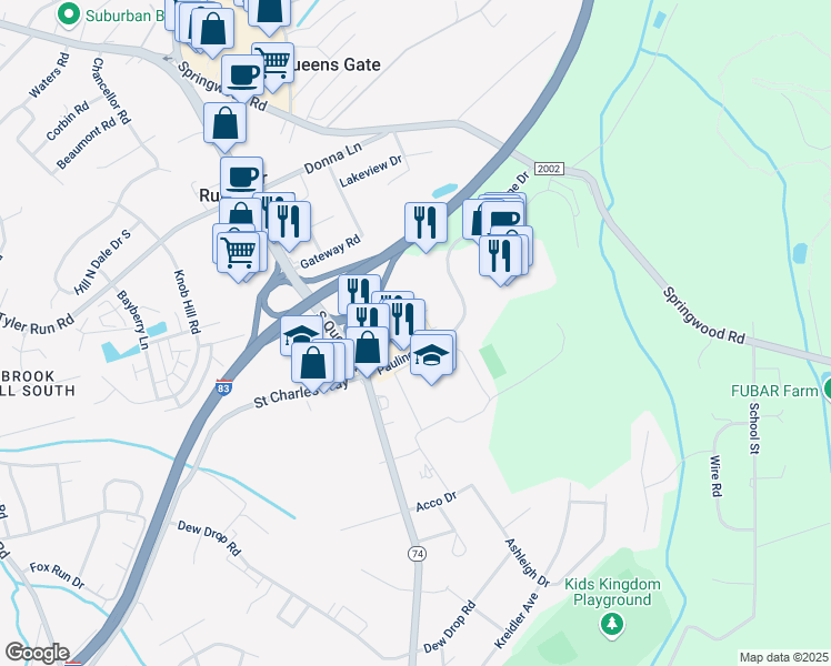 map of restaurants, bars, coffee shops, grocery stores, and more near 114 Pauline Drive in York