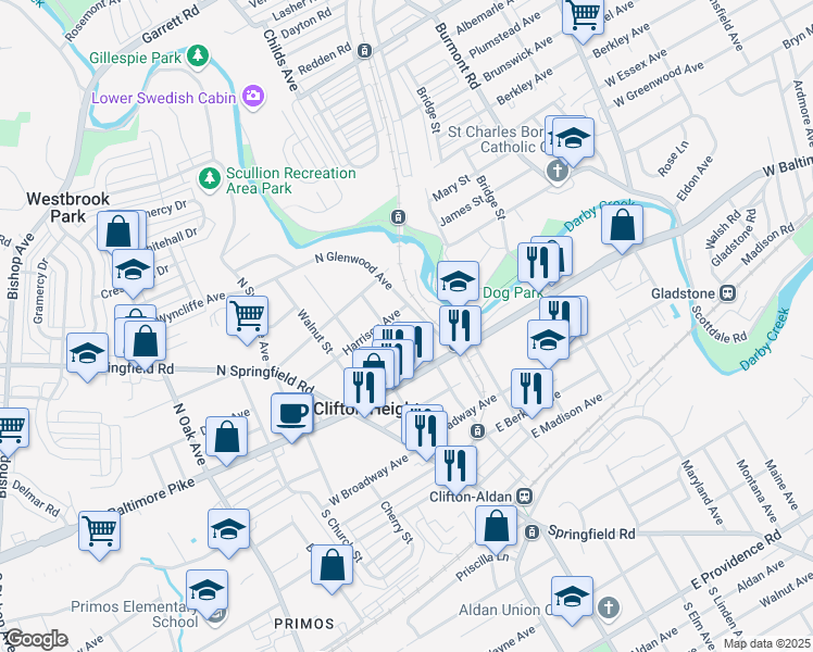 map of restaurants, bars, coffee shops, grocery stores, and more near 63 North Penn Street in Clifton Heights