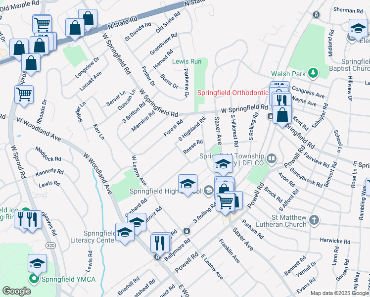 map of restaurants, bars, coffee shops, grocery stores, and more near 178 Reese Road in Springfield