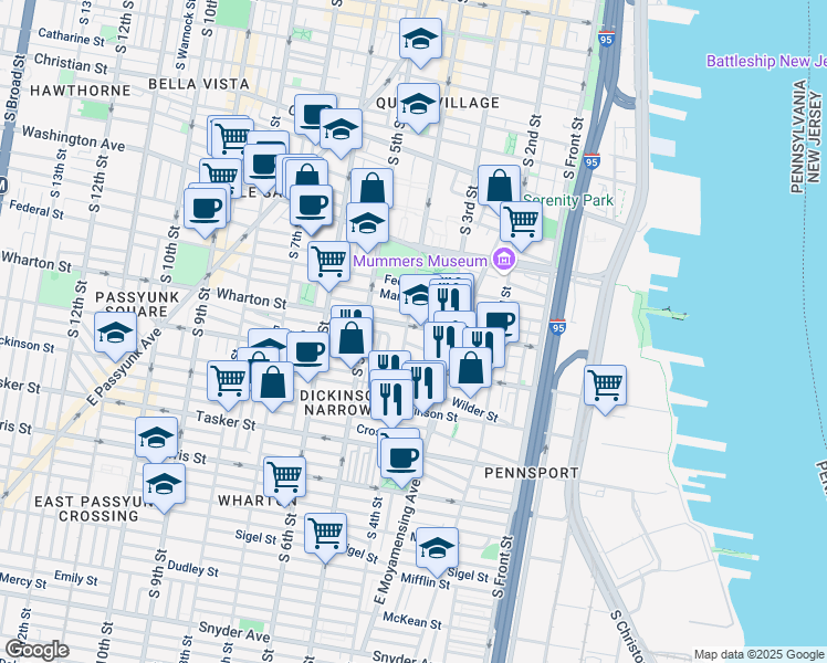 map of restaurants, bars, coffee shops, grocery stores, and more near 342 Wharton Street in Philadelphia