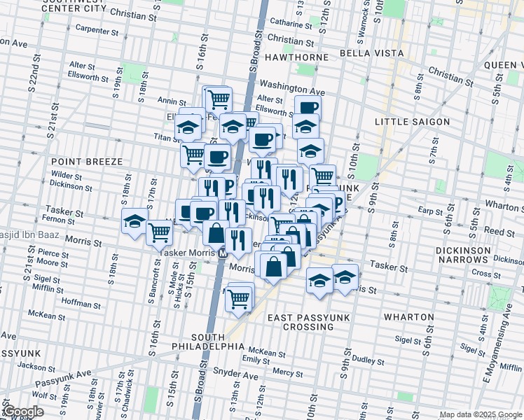 map of restaurants, bars, coffee shops, grocery stores, and more near 1436 South 13th Street in Philadelphia