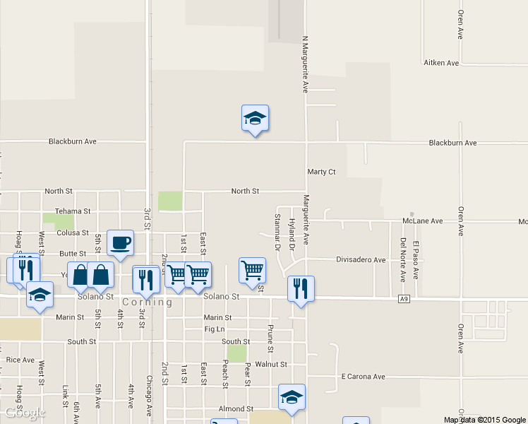 map of restaurants, bars, coffee shops, grocery stores, and more near 506 Colusa Street in Corning