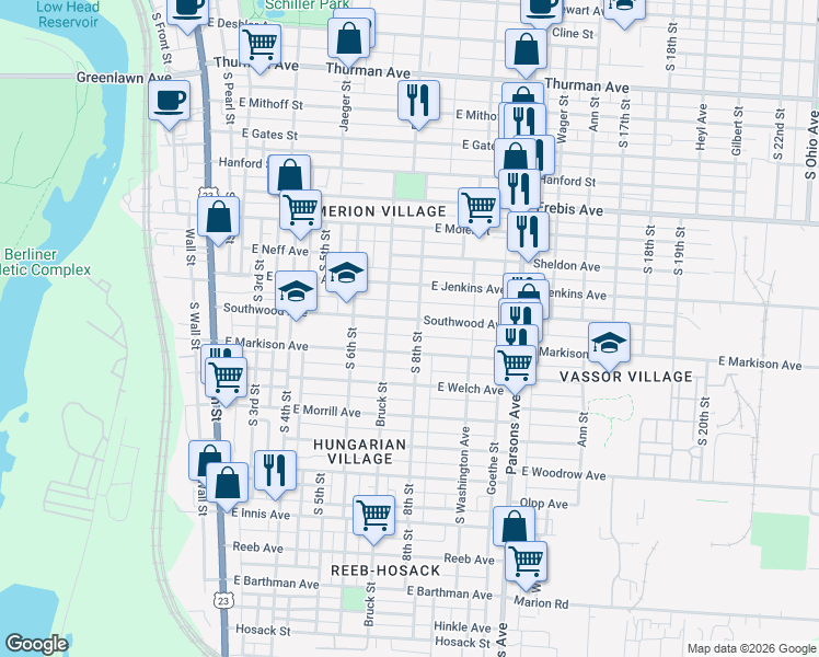 map of restaurants, bars, coffee shops, grocery stores, and more near 308 East Markison Avenue in Columbus