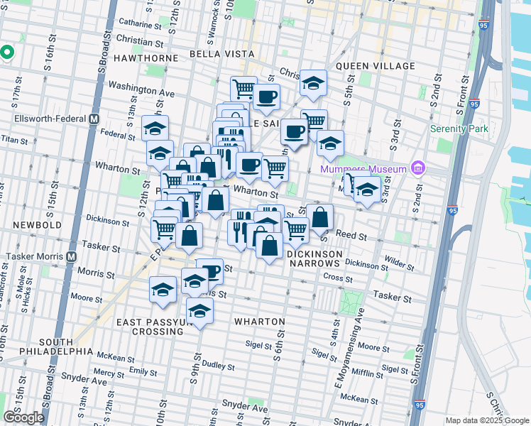 map of restaurants, bars, coffee shops, grocery stores, and more near 714 Earp Street in Philadelphia