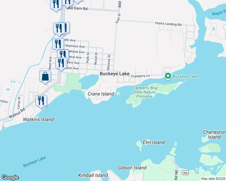 map of restaurants, bars, coffee shops, grocery stores, and more near 22 East Street in Buckeye Lake