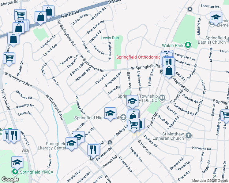 map of restaurants, bars, coffee shops, grocery stores, and more near 167 Reese Road in Springfield