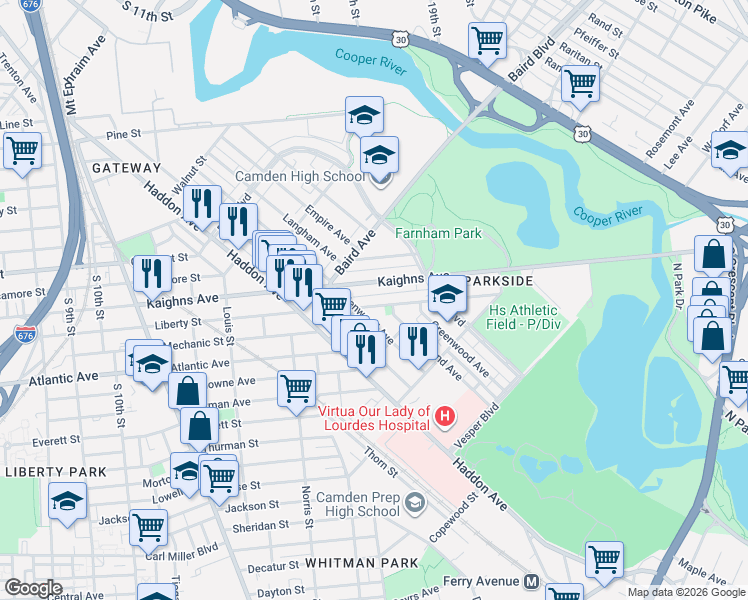 map of restaurants, bars, coffee shops, grocery stores, and more near 1400 Kenwood Avenue in Camden