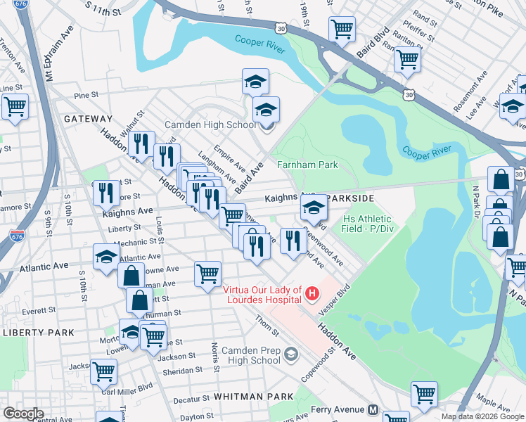 map of restaurants, bars, coffee shops, grocery stores, and more near 1400 Kenwood Avenue in Camden