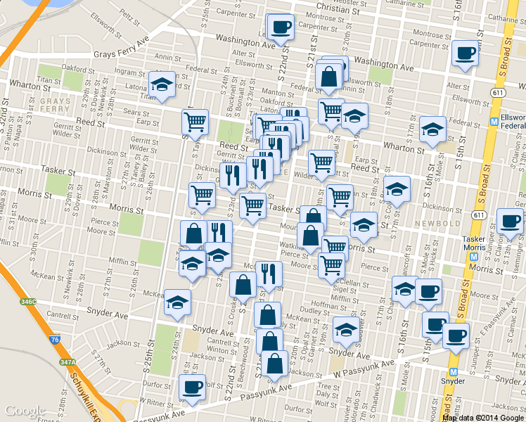 map of restaurants, bars, coffee shops, grocery stores, and more near 1609 South 22nd Street in Philadelphia