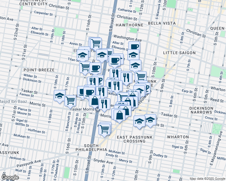 map of restaurants, bars, coffee shops, grocery stores, and more near 1435 South Clarion Street in Philadelphia