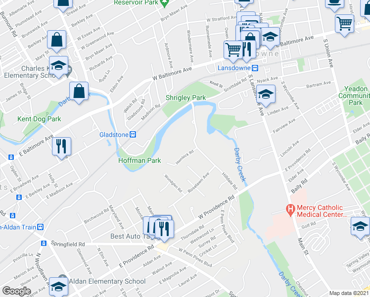 map of restaurants, bars, coffee shops, grocery stores, and more near 126 Hilldale Road in Lansdowne