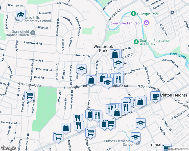 map of restaurants, bars, coffee shops, grocery stores, and more near 246 Gramercy Drive in Clifton Heights
