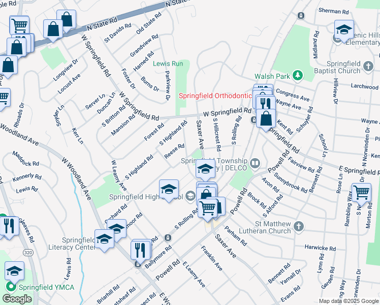 map of restaurants, bars, coffee shops, grocery stores, and more near 63 Lownes Lane in Springfield