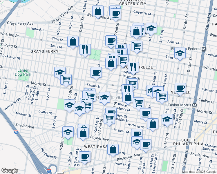map of restaurants, bars, coffee shops, grocery stores, and more near 1609 South 22nd Street in Philadelphia