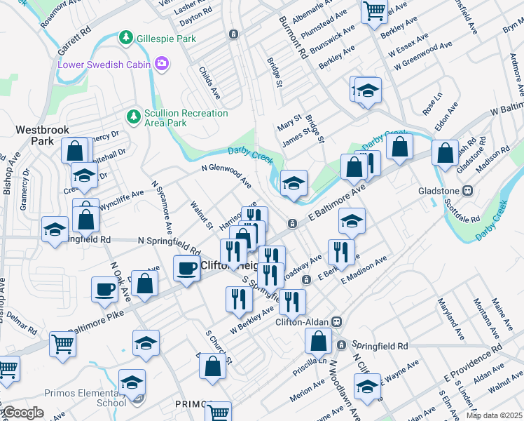 map of restaurants, bars, coffee shops, grocery stores, and more near 63 North Penn Street in Clifton Heights