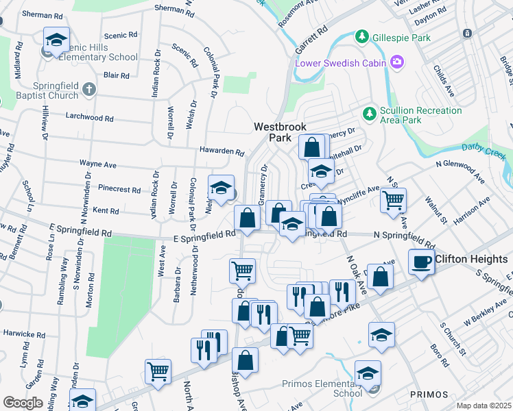 map of restaurants, bars, coffee shops, grocery stores, and more near 246 Gramercy Drive in Clifton Heights