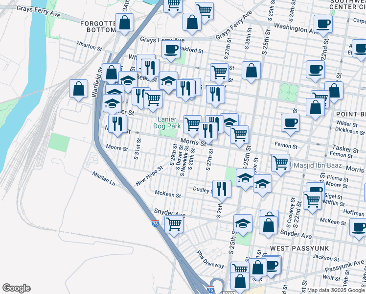 map of restaurants, bars, coffee shops, grocery stores, and more near 1713 South Dover Street in Philadelphia