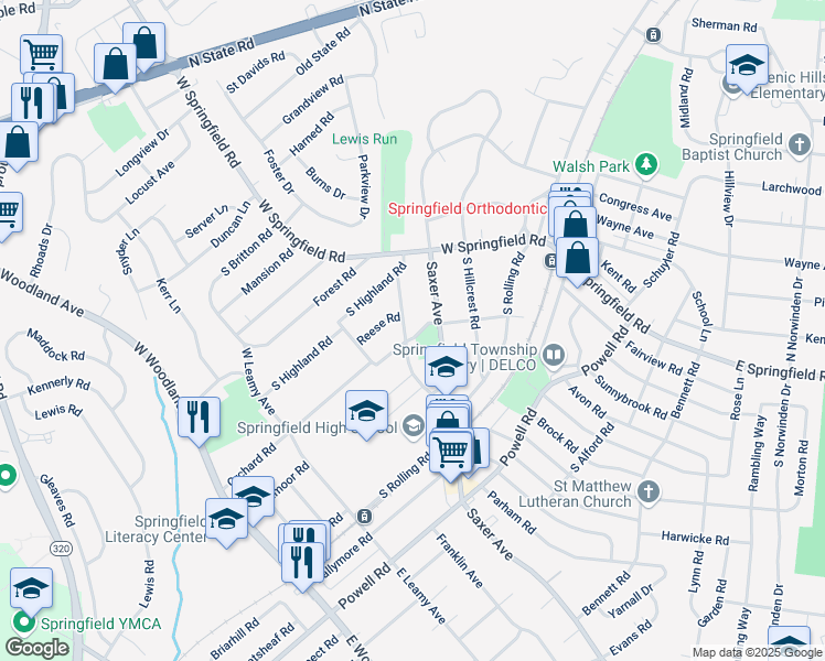 map of restaurants, bars, coffee shops, grocery stores, and more near 63 Lownes Lane in Springfield
