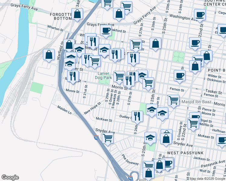 map of restaurants, bars, coffee shops, grocery stores, and more near 1713 South Dover Street in Philadelphia