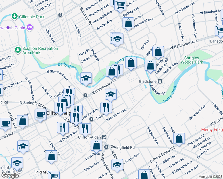 map of restaurants, bars, coffee shops, grocery stores, and more near 35 Edgemont Avenue in Clifton Heights