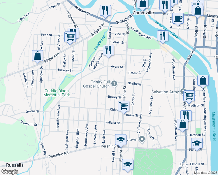 map of restaurants, bars, coffee shops, grocery stores, and more near 542 Luck Avenue in Zanesville