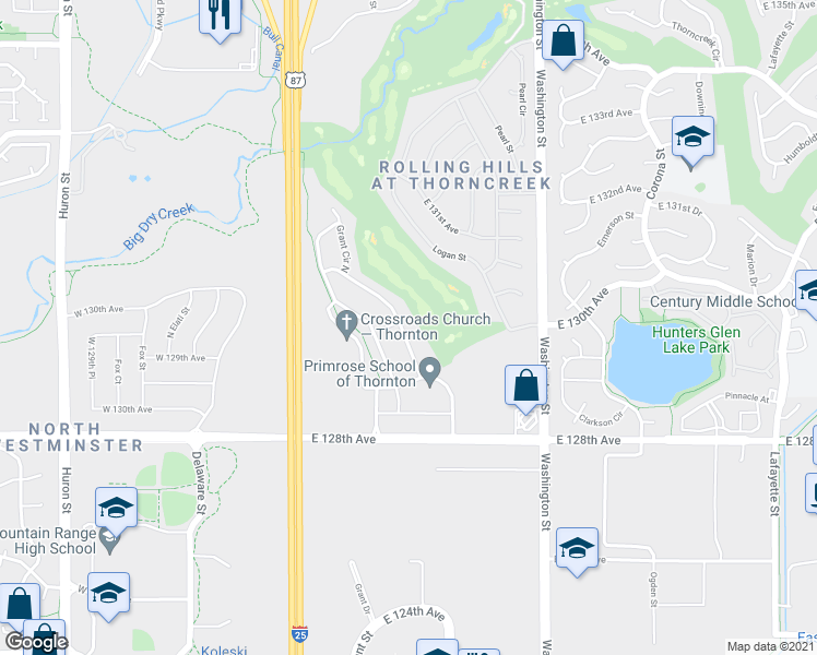 map of restaurants, bars, coffee shops, grocery stores, and more near 12943 Grant Circle East in Denver
