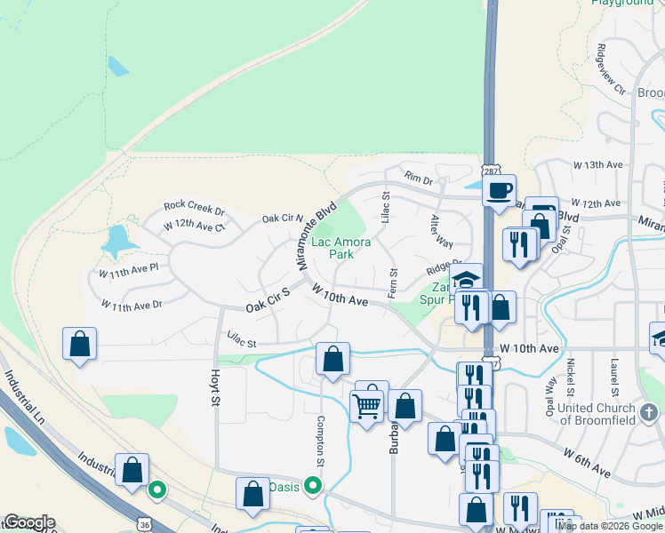 map of restaurants, bars, coffee shops, grocery stores, and more near 2832 Ridge Drive in Broomfield