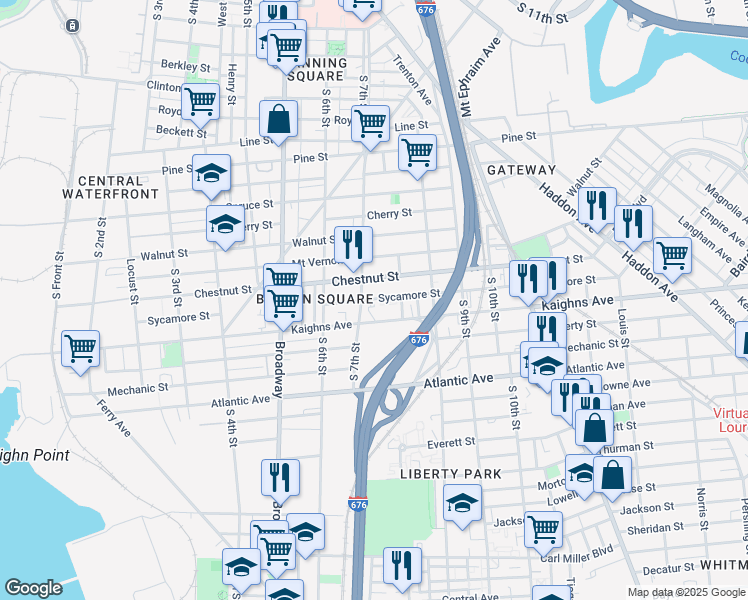 map of restaurants, bars, coffee shops, grocery stores, and more near 711 Kaighns Avenue in Camden