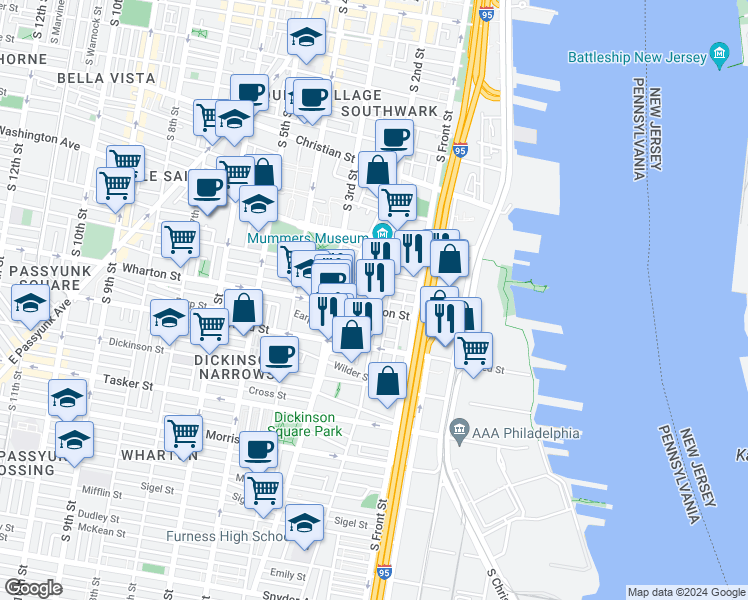 map of restaurants, bars, coffee shops, grocery stores, and more near 222 Wharton Street in Philadelphia