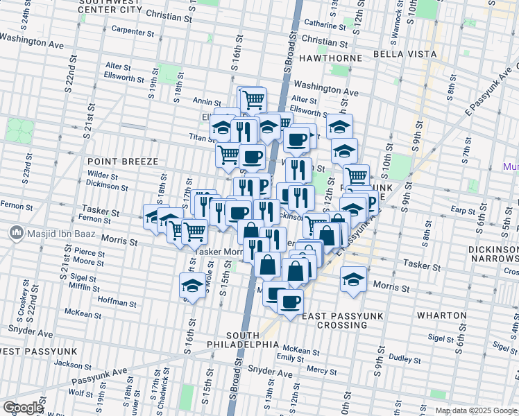 map of restaurants, bars, coffee shops, grocery stores, and more near in Philadelphia