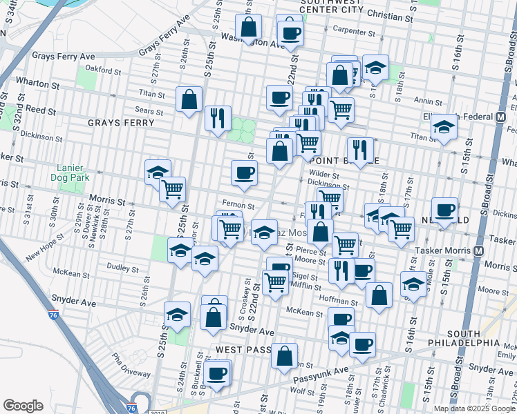 map of restaurants, bars, coffee shops, grocery stores, and more near 1621 South 22nd Street in Philadelphia