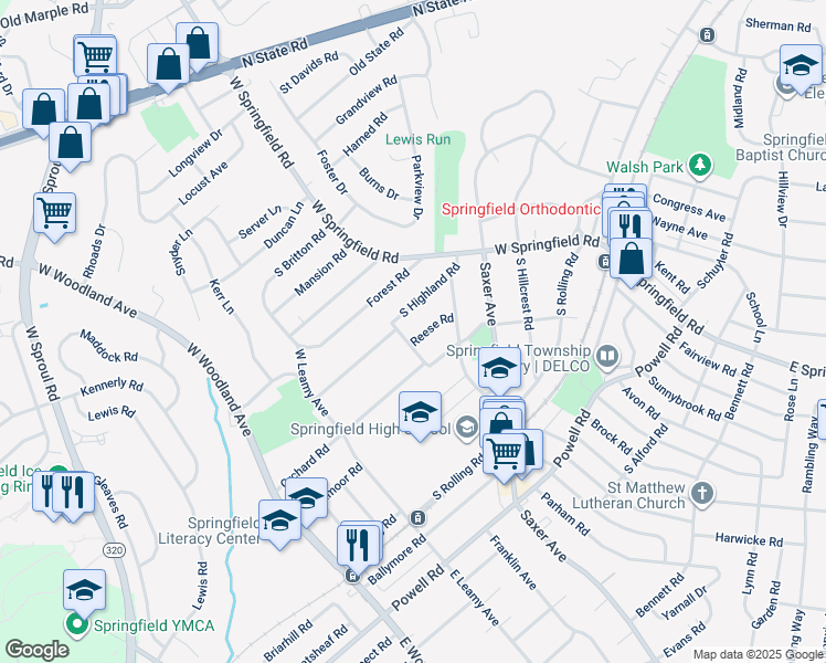 map of restaurants, bars, coffee shops, grocery stores, and more near 178 Reese Road in Springfield