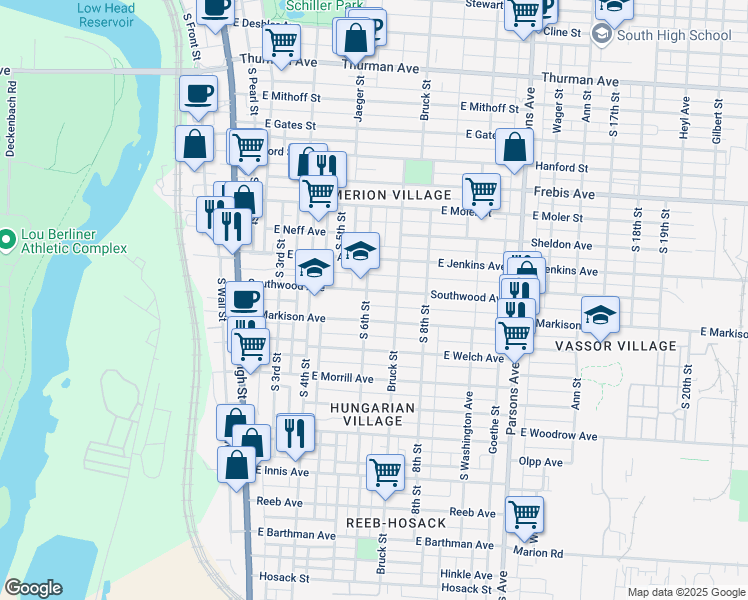 map of restaurants, bars, coffee shops, grocery stores, and more near 202 East Markison Avenue in Columbus