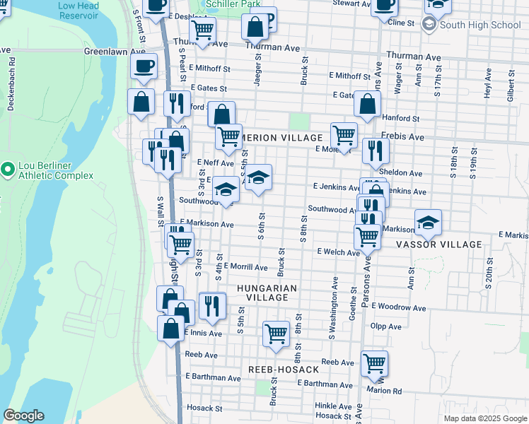 map of restaurants, bars, coffee shops, grocery stores, and more near 202 East Markison Avenue in Columbus