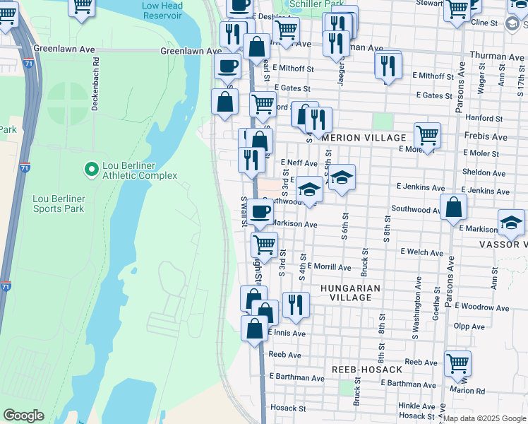 map of restaurants, bars, coffee shops, grocery stores, and more near 30 East Markison Avenue in Columbus