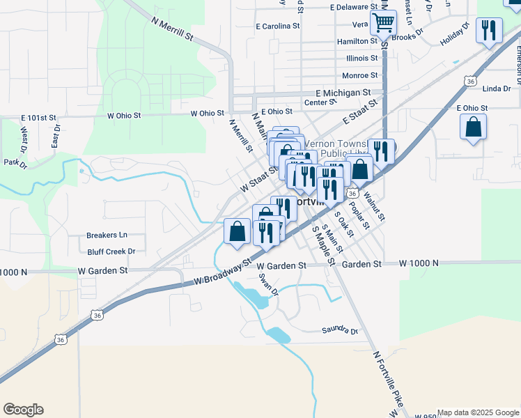 map of restaurants, bars, coffee shops, grocery stores, and more near 300 Baker Court in Fortville