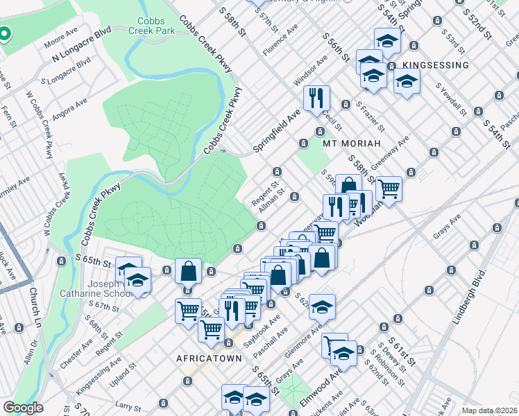 map of restaurants, bars, coffee shops, grocery stores, and more near 6080 Allman Street in Philadelphia