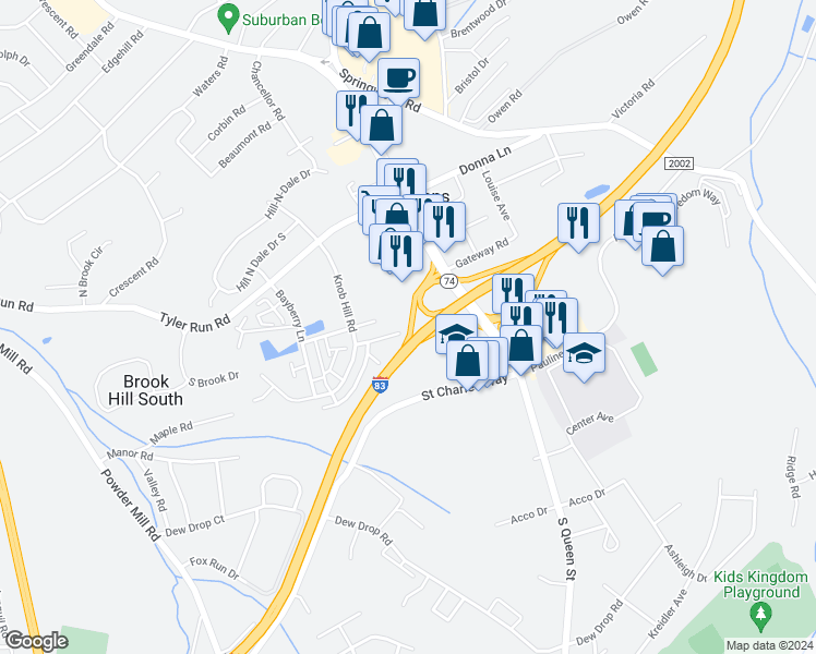 map of restaurants, bars, coffee shops, grocery stores, and more near 233 Wheatfield Way in York