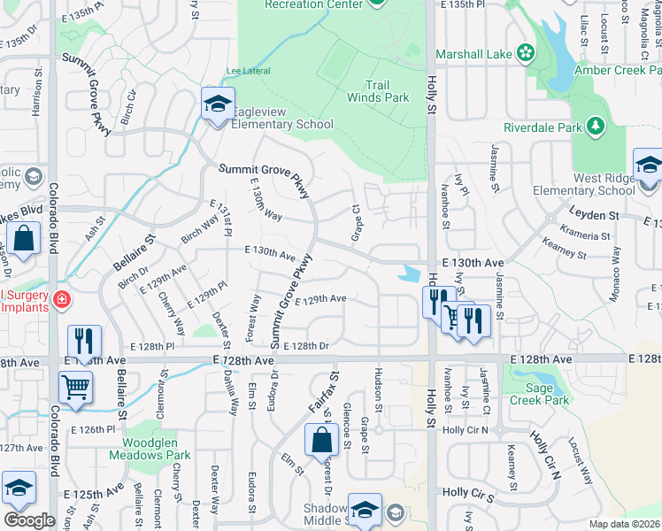map of restaurants, bars, coffee shops, grocery stores, and more near 5371 East 129th Way in Thornton