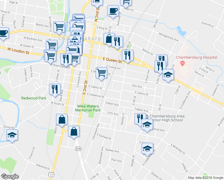 map of restaurants, bars, coffee shops, grocery stores, and more near 347 East Liberty Street in Chambersburg