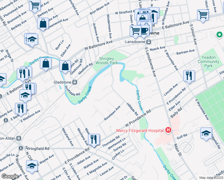 map of restaurants, bars, coffee shops, grocery stores, and more near 126 Hilldale Road in Lansdowne