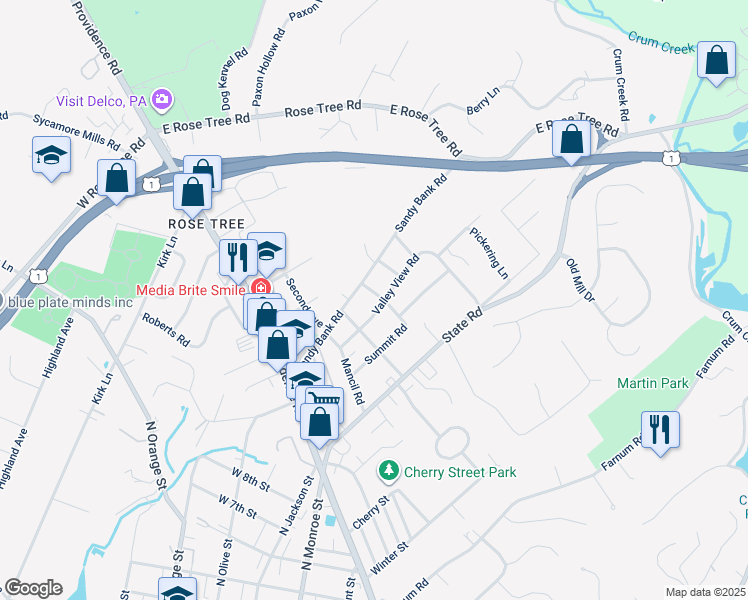 map of restaurants, bars, coffee shops, grocery stores, and more near 232 Valley View Road in Media