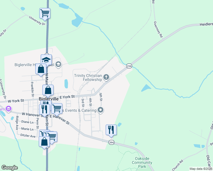 map of restaurants, bars, coffee shops, grocery stores, and more near 257 East York Street in Biglerville