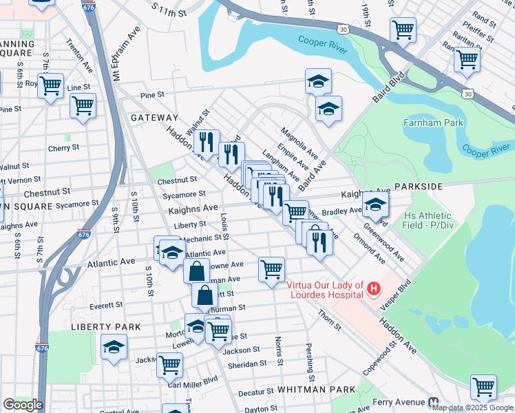 map of restaurants, bars, coffee shops, grocery stores, and more near 1201 Haddon Avenue in Camden