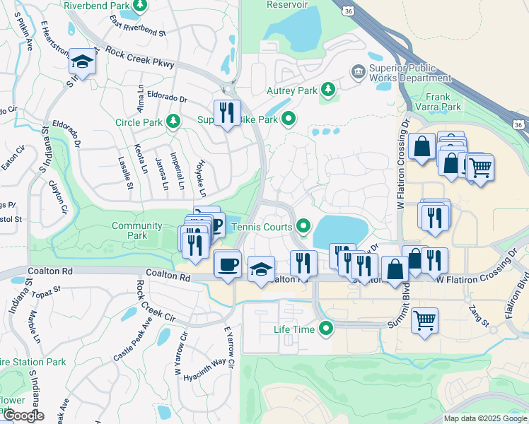 map of restaurants, bars, coffee shops, grocery stores, and more near 2600 Rock Creek Parkway in Louisville