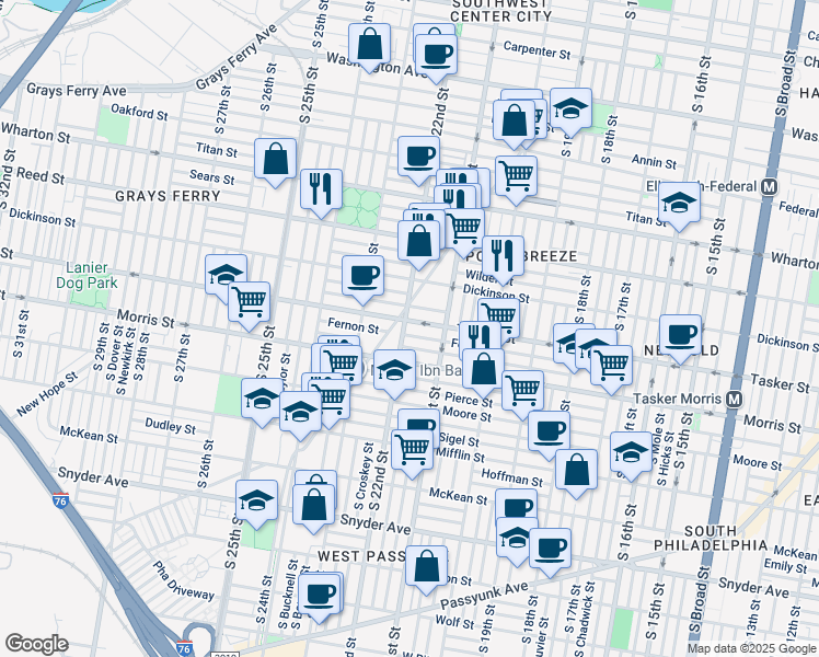 map of restaurants, bars, coffee shops, grocery stores, and more near 1607 South 22nd Street in Philadelphia