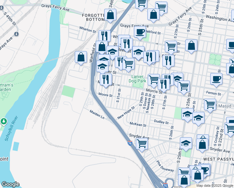 map of restaurants, bars, coffee shops, grocery stores, and more near 1718 South 31st Street in Philadelphia