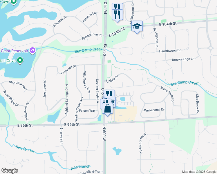 map of restaurants, bars, coffee shops, grocery stores, and more near 13787 Fieldcrest Drive in McCordsville
